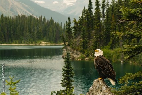 a bald eagle perched on a rock near a lake