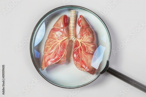 Human diaphragm under a magnifying glass, isolated on a pure white background for medical research and diagnosis.