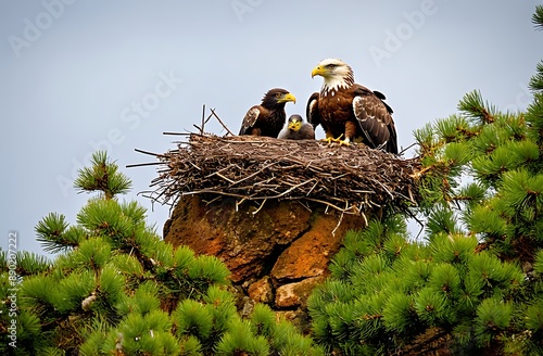 storks in the nest. Eagle in a nest with eaglets on a rock 