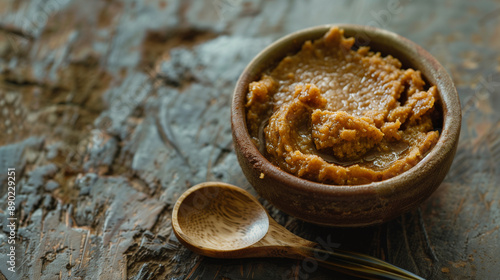 Ceramic bowl of rich miso paste with a wooden spoon on a rustic table