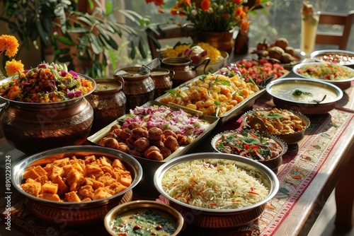 A traditional Indian feast with a variety of dishes on a table.