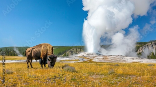 A buffalo is grazing in a field next to a geyser