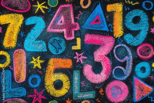 Colorful chalk numbers and symbols drawn on blackboard background