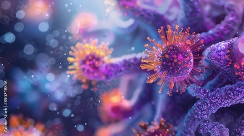 A vibrant 3D illustration of a virus with highlighted proteins, showcasing the focus on molecular biology and scientific research.