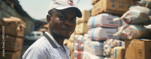 A humanitarian worker appearing dedicated in a close-up shot, commemorating World Humanitarian Day with aid supplies in the background