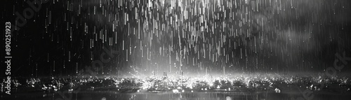 Monochromatic image of heavy rainfall hitting the ground, creating a dramatic and artistic scene with water droplets and reflections.