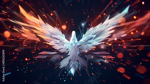 Cybernetic phoenix rising from digital flames, with metallic feathers and glowing symbols, representing rebirth in a futuristic style, flat design illustration