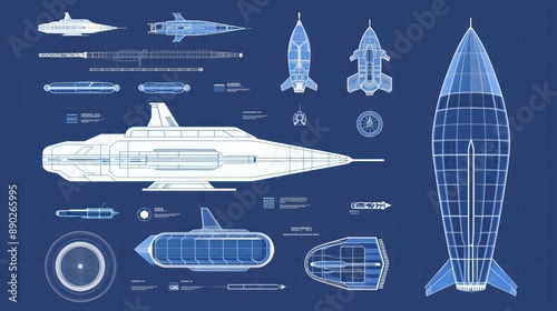 Blueprint of a futuristic cybernetic transportation system, with detailed diagrams of hovercrafts and space-age vehicles, flat design illustration