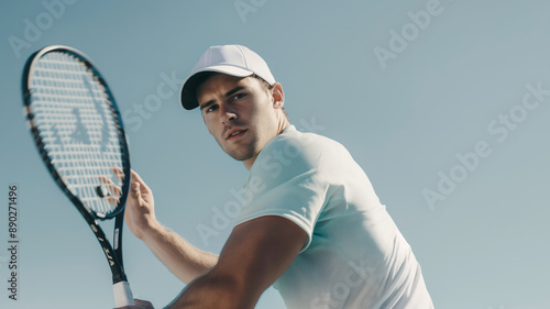 Tennis player preparing to hit a shot, dressed in white shirt and cap under clear sky. Focused expression and athletic build emphasize concentration and physical fitness