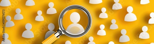 Magnifying glass focusing on a person icon among many, symbolizing search, recruitment, or finding talent on a yellow background.