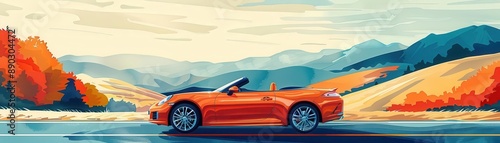 convertible highway adventure flat design side view scenic drive watercolor complementary color scheme