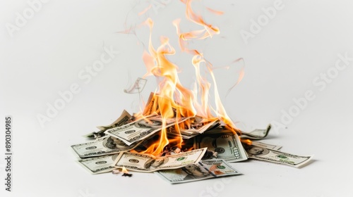 Flaming pile of hundred-dollar bills on a white background. Concept of economic decline and financial instability.