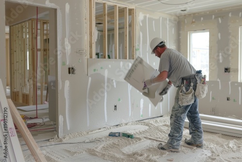 Sheets of drywall being installed in a new home, with a worker taping and mudding the seams