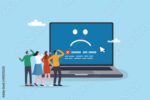 Computer outage, error or failure causing by software update mistake, operating system crash or cyber attack, server down or technical issue concept, people victims looking at computer laptop outage.