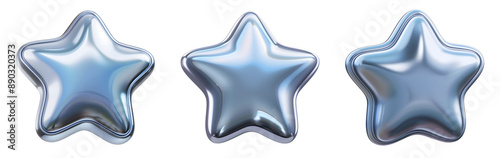 3d silver star icon, isolated, PNG set