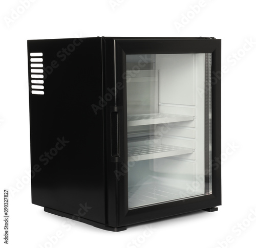 Empty modern mini refrigerator isolated on white