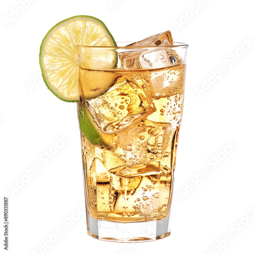 Ginger ale with ice cubes and lime at the rim isolated on white transparent background.