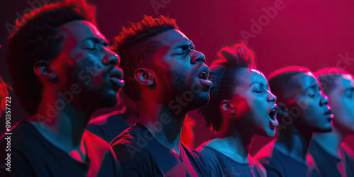 Voices United in Song: An a cappella group of African American men and women, arms around each other's shoulders, singing with passion and unity.