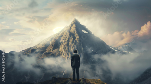 A businessman dressed in a suit stands at the foot of a mountain, which symbolizes serious challenges and obstacles in his career path.