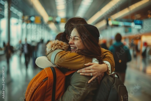 Two travelers share a heartfelt embrace upon reuniting in the lively setting of an airport terminal, their smiles and closeness reflecting the joyous moment.