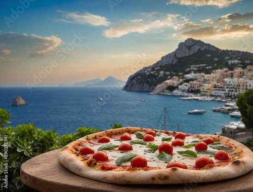 Pizza Margherita. Neapolitan pizza against the backdrop of the Amalfi Coast, Capri, Naples. Italian pizza concept