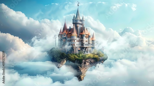 Surreal floating island with a castle on top of it. The island is surrounded by clouds and there are birds flying around it.