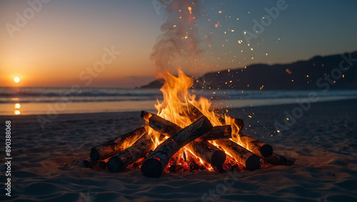 Campfire on the beach Sea background, sunset.