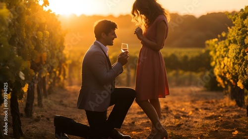 A man proposing to a woman in a scenic vineyard setting.