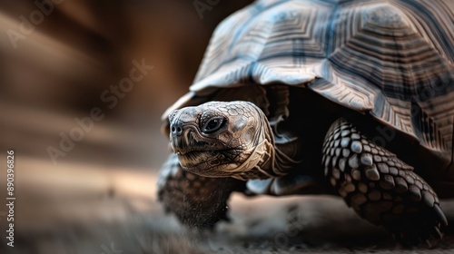 A tortoise is seen crawling in its natural habitat, its detailed shell and slow movements symbolizing patience, resilience, and the slow but steady pace of life in the animal kingdom.