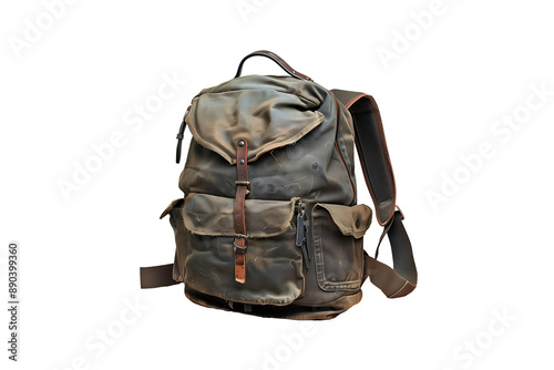 A worn leather travel backpack cut out photo