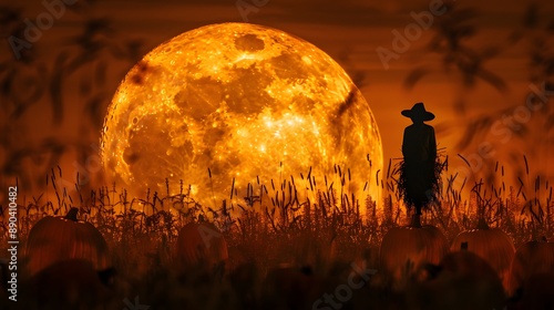 Dark silhouette of a scarecrow against a harvest moon, surrounded by a field of pumpkins