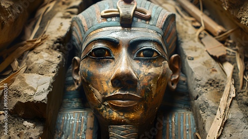 A mummy emerging from a sarcophagus in an ancient tomb