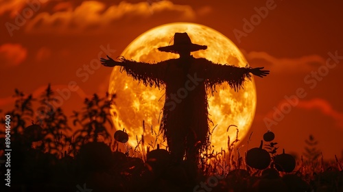 Dark silhouette of a scarecrow against a harvest moon, surrounded by a field of pumpkins