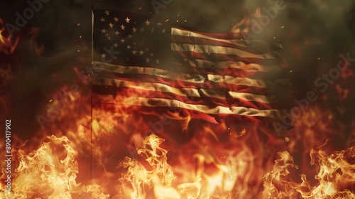 American flag burning in flames on dark background