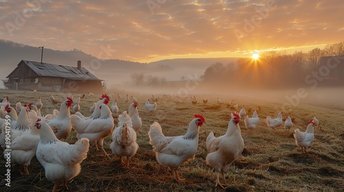 Picturesque chicken farm at sunrise, misty fields, happy white hens pecking around, tranquil and productive morning scene