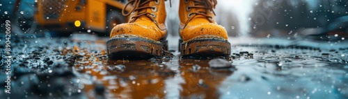 Wet boots in a puddle on a rainy day.