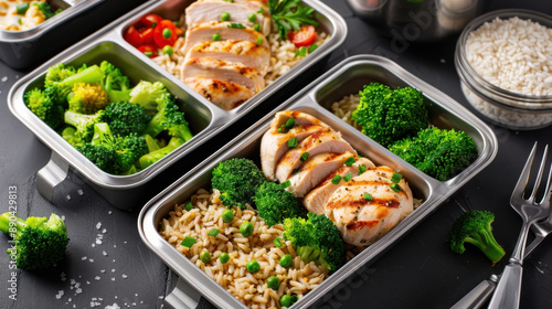 Healthy meal prep containers with grilled chicken, brown rice, broccoli, and vegetables on black table