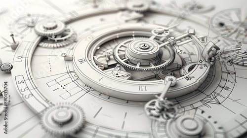 Clock blueprint with white dial and silver gears The clock is set to time.