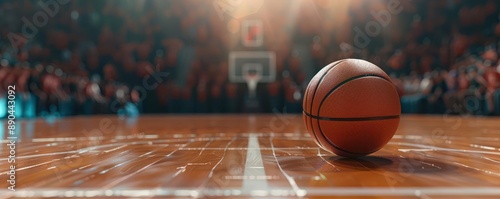 A closeup of a basketball on a shiny wooden floor with an outoffocus excited crowd in the backdrop capturing the pregame silence and tension.