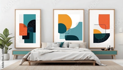 Set of abstract paintings, each framed in a sleek, gold-colored frame. The paintings are arranged in a horizontal layout, side by side.