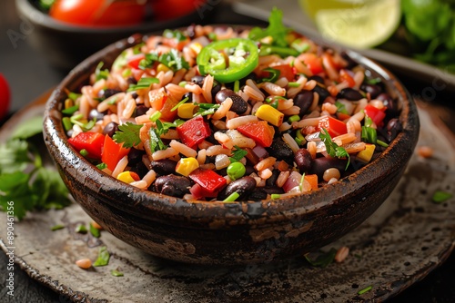 Craft a vibrant and appetizing representation of Gallo pinto from a tilted angle, highlighting the irresistible blend of colors and textures in a digital photorealistic style