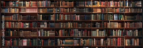 The background is large wooden bookshelves full of books on wall in the library. Knowledge archives