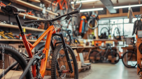 A bright orange mountain bike on display in a well-stocked bicycle shop with various cycling accessories and other bicycles in the background.