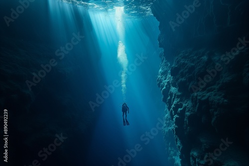 Diver under the deep sea with deep sea cliffs that are beautiful and mysterious.