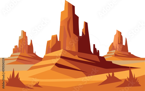 Vector illustration of a desert with towering rock formations and sandy dunes, showcasing a natural and arid environment.