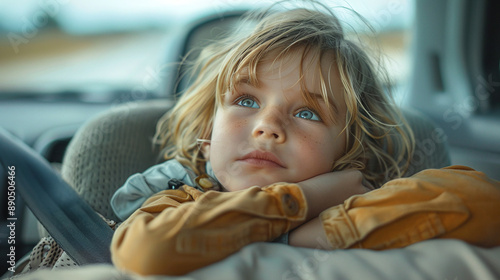 Road Trip: A candid scene of a child looking bored in the backseat of a car. Travel with kids concept. 