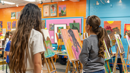 A group of students involved in an after-school art club activity. They are painting and drawing at easels in a brightly colored art room, with art supplies and completed works displayed 