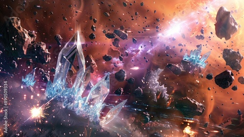 A race of crystalline beings engaging in a skirmish with explorers from a distant galaxy, amidst an asteroid field.