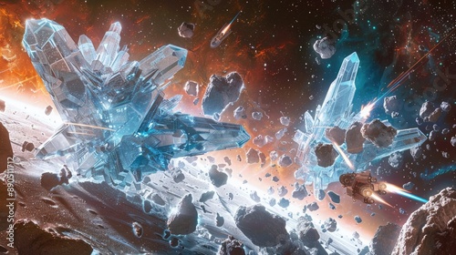 A race of crystalline beings engaging in a skirmish with explorers from a distant galaxy, amidst an asteroid field.