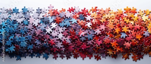 white background White area in the center of the image Piles of colorful jigsaw puzzles scattered everywhere. They come in different shapes and sizes to show diversity.